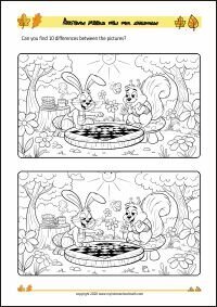 Autumn-themed Spot the differences for Kids Free Printable Autumn-themed Find the Differences Worksheet for Children (PDF)