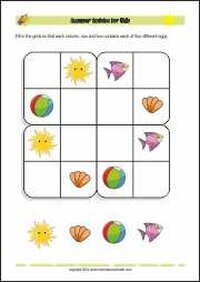 Summer Picture-Sudoku for Kids - PDF Free Printable Printable Picture-Sudoku Worksheet for kids